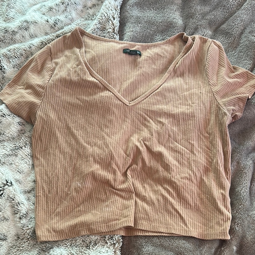 Wild Fable Ribbed V-Neck Top in Tan